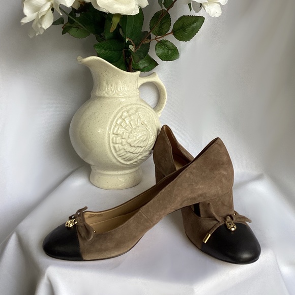 Michael by Michael Kors Taupe Suede Mid-Heel Pumps with Black Toe Detail and Bow - Picture 1 of 4